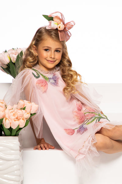 Light pink tulle A-line dress with hand-made tulip embroidery and tulle sleeves