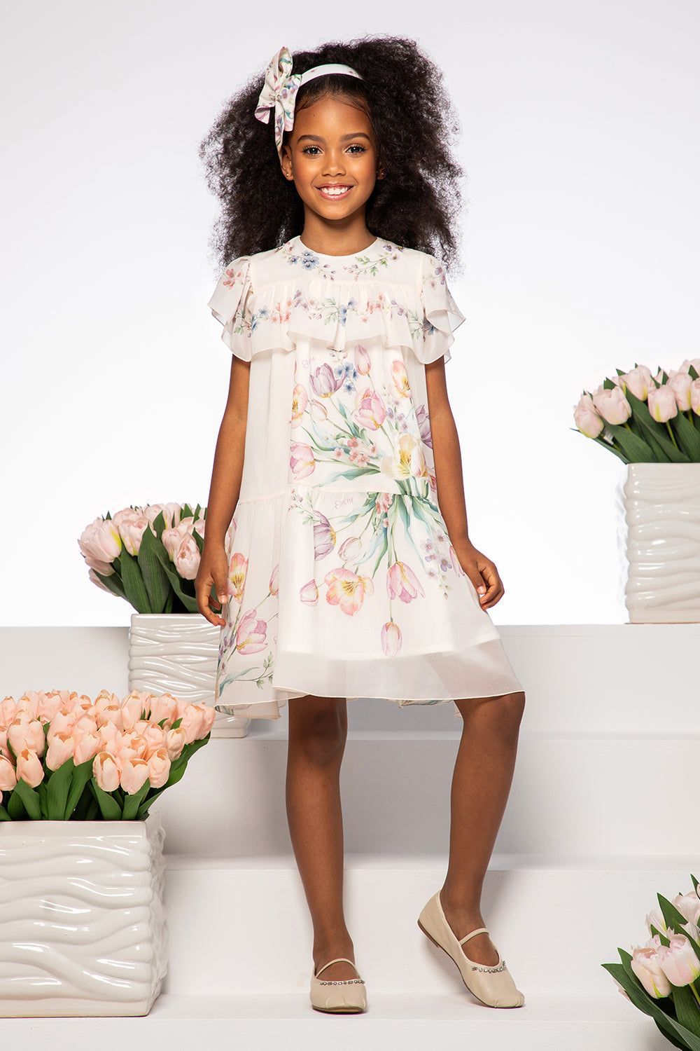 Ivory tulip print chiffon dress with hand-embellished neckline