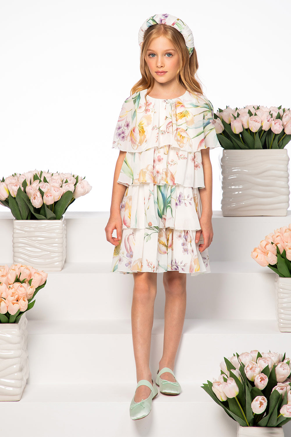 Ivory layered tulip print georgette dress