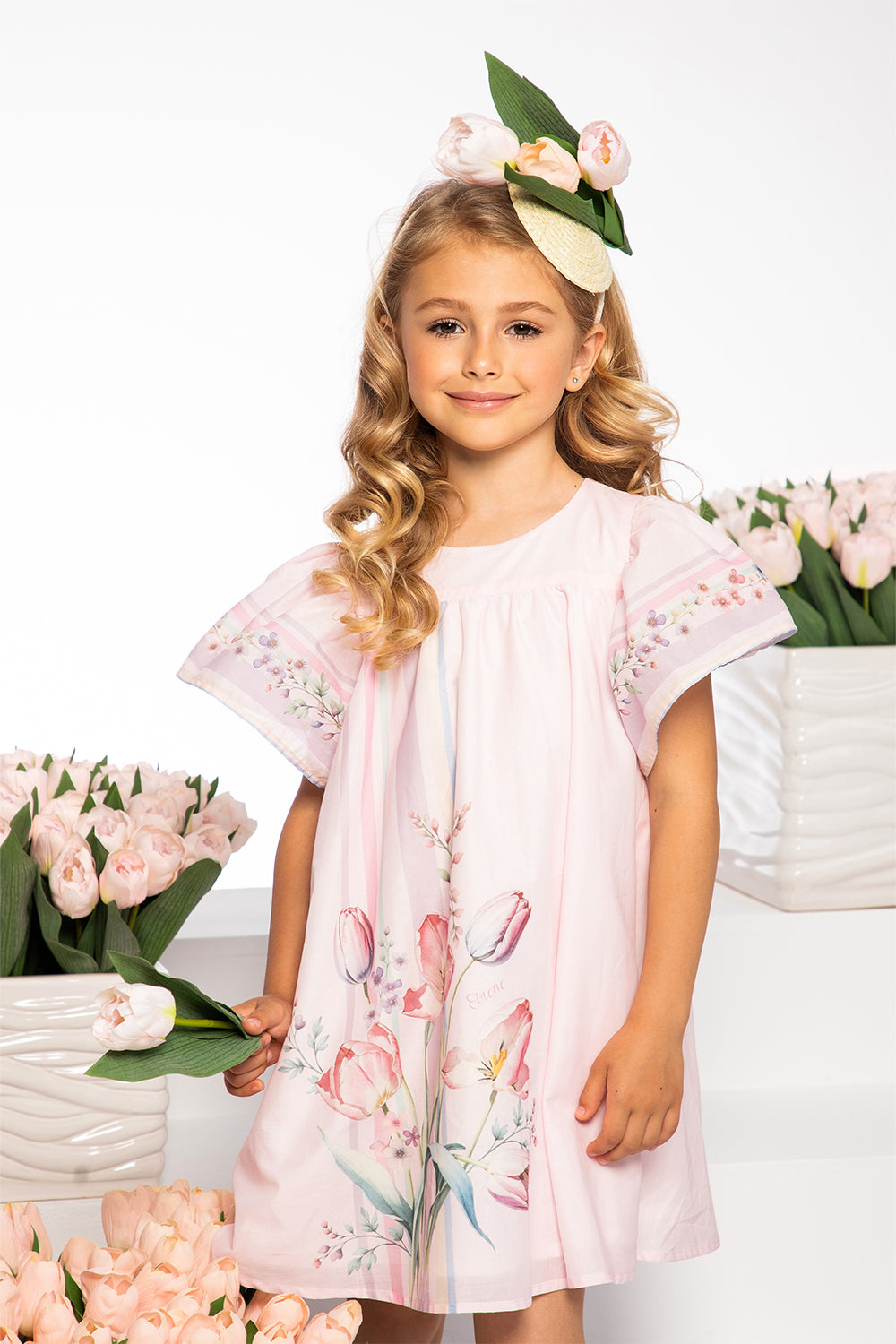 Light pink tulip print satin cotton dress with pretty sleeves