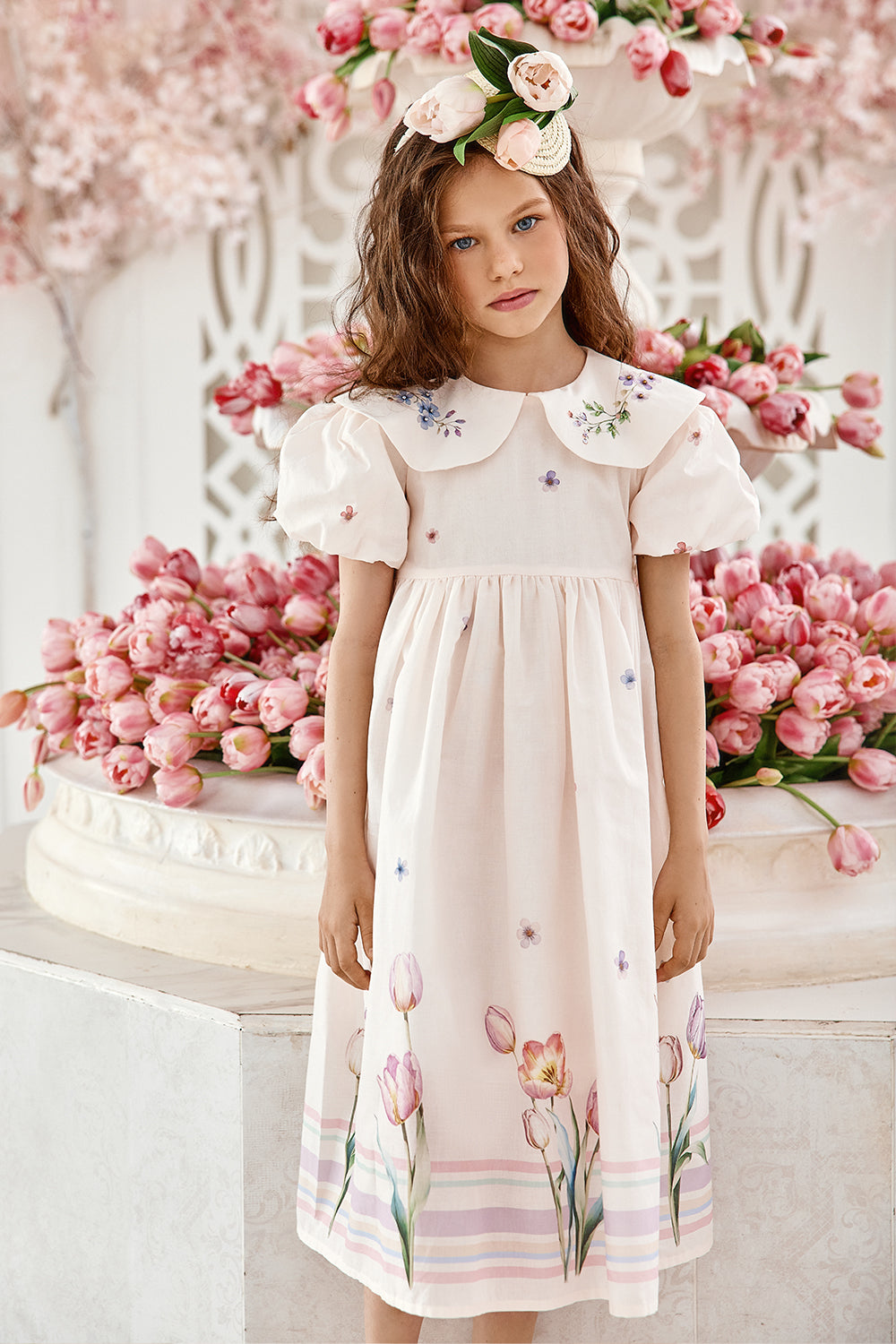 Off-white satin cotton dress with tulip print and hand-embellished collar