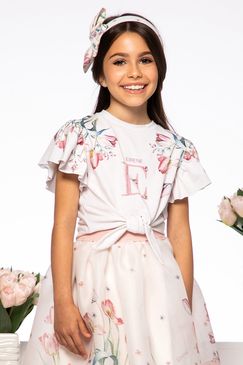 White organza skirt with tulip print