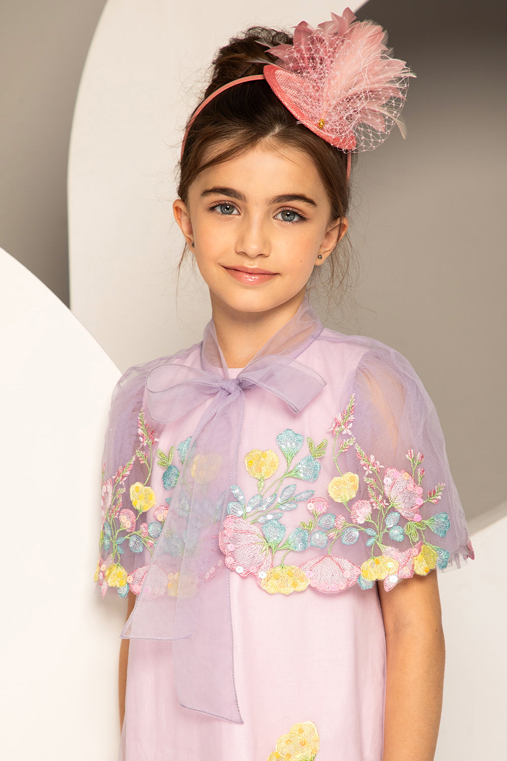 Pale lilac tulle cape with pastel colors floral embroidery