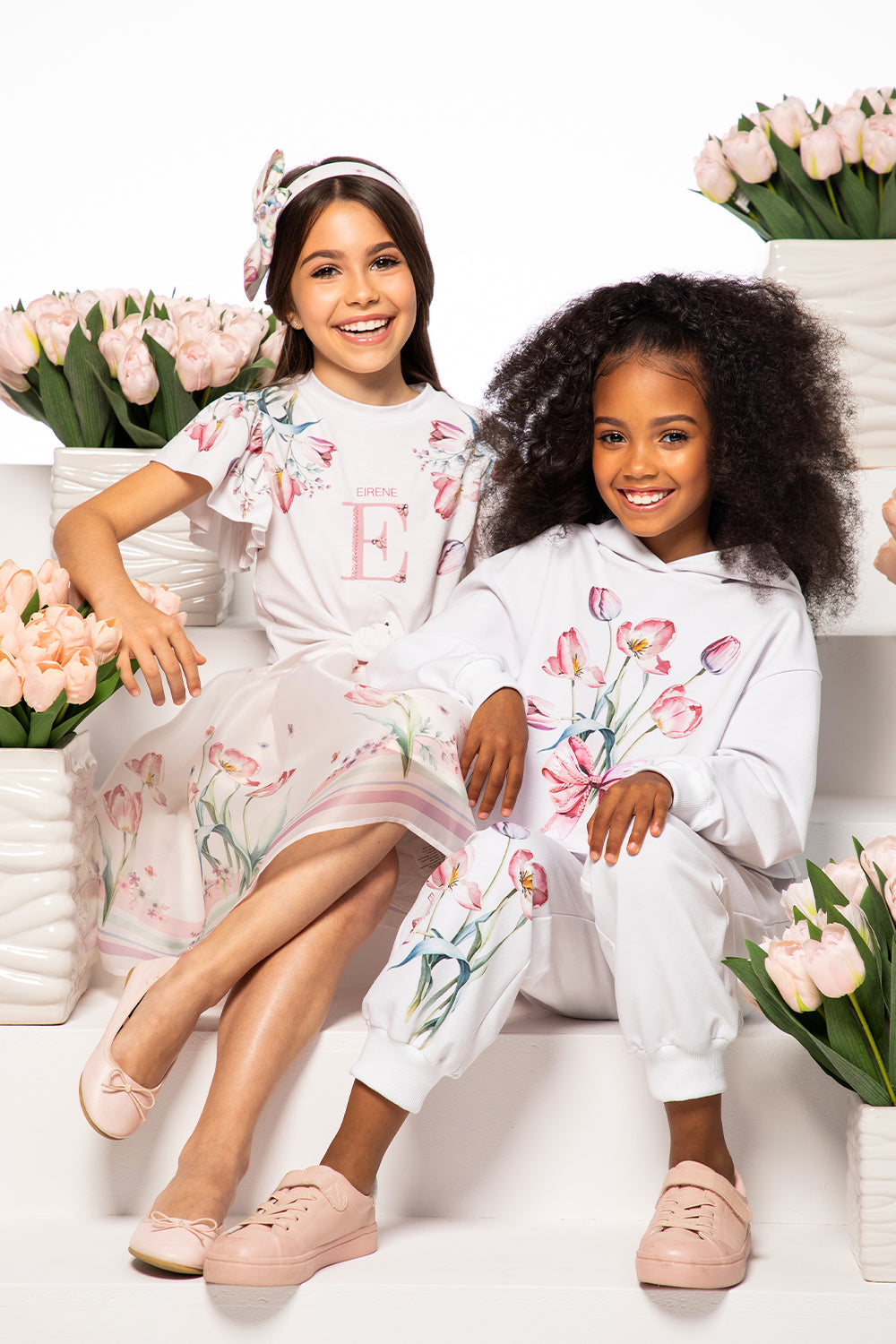 White tulip print set with hand-embellished hoody