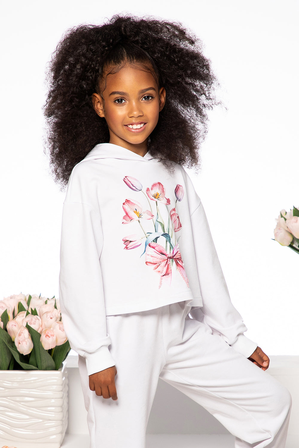 White tulip print set with hand-embellished hoody