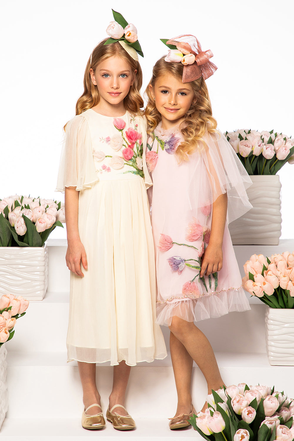 Ivory chiffon dress with hand-made tulip embroidery