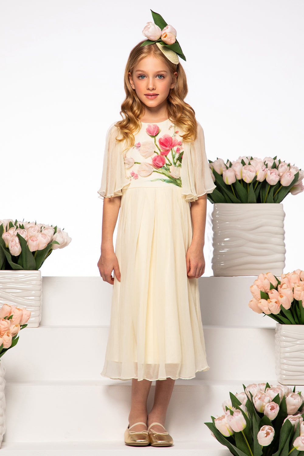 Ivory chiffon dress with hand-made tulip embroidery