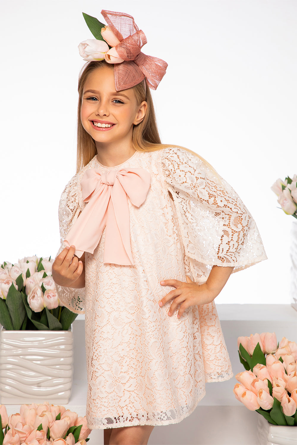 Peach pink and off-white dress with pussy bow