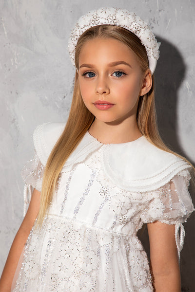 White and silver floral lace dress with pretty multi layered collar