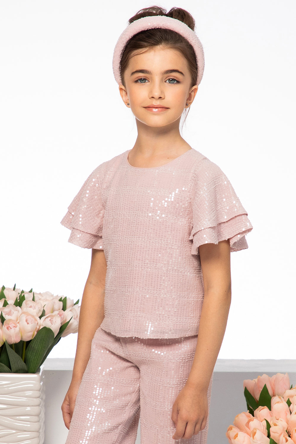 Pink sequin top with frilled sleeves