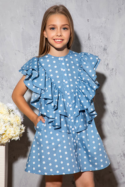 Cotton denim look dress with white dots, big frills and side pockets
