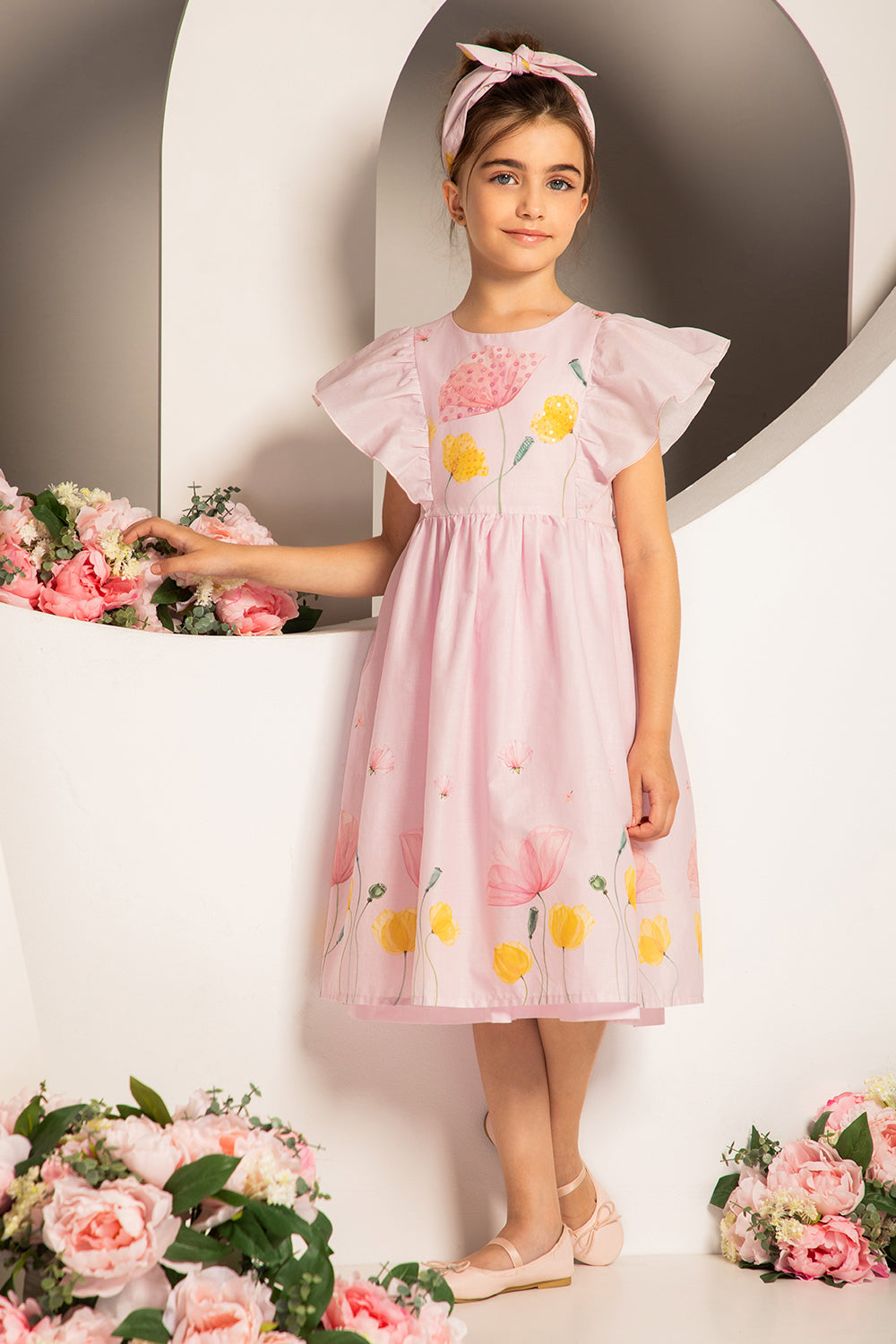 Pink satin cotton floral print dress with sequin hand-embroidery