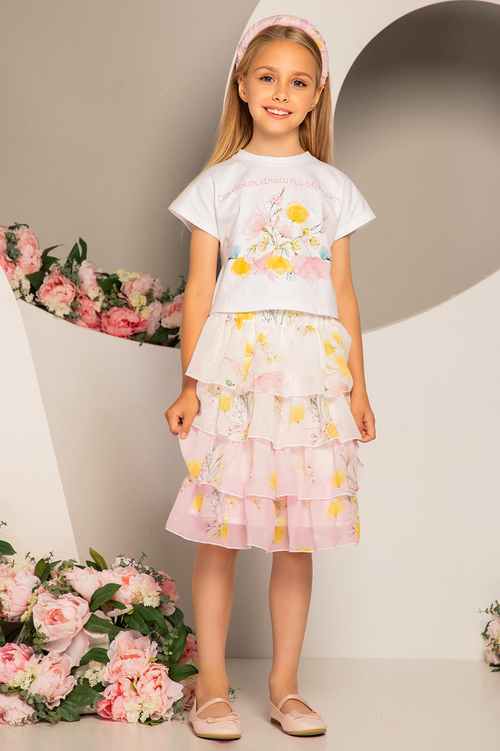 Ombré white and pink chiffon floral skirt