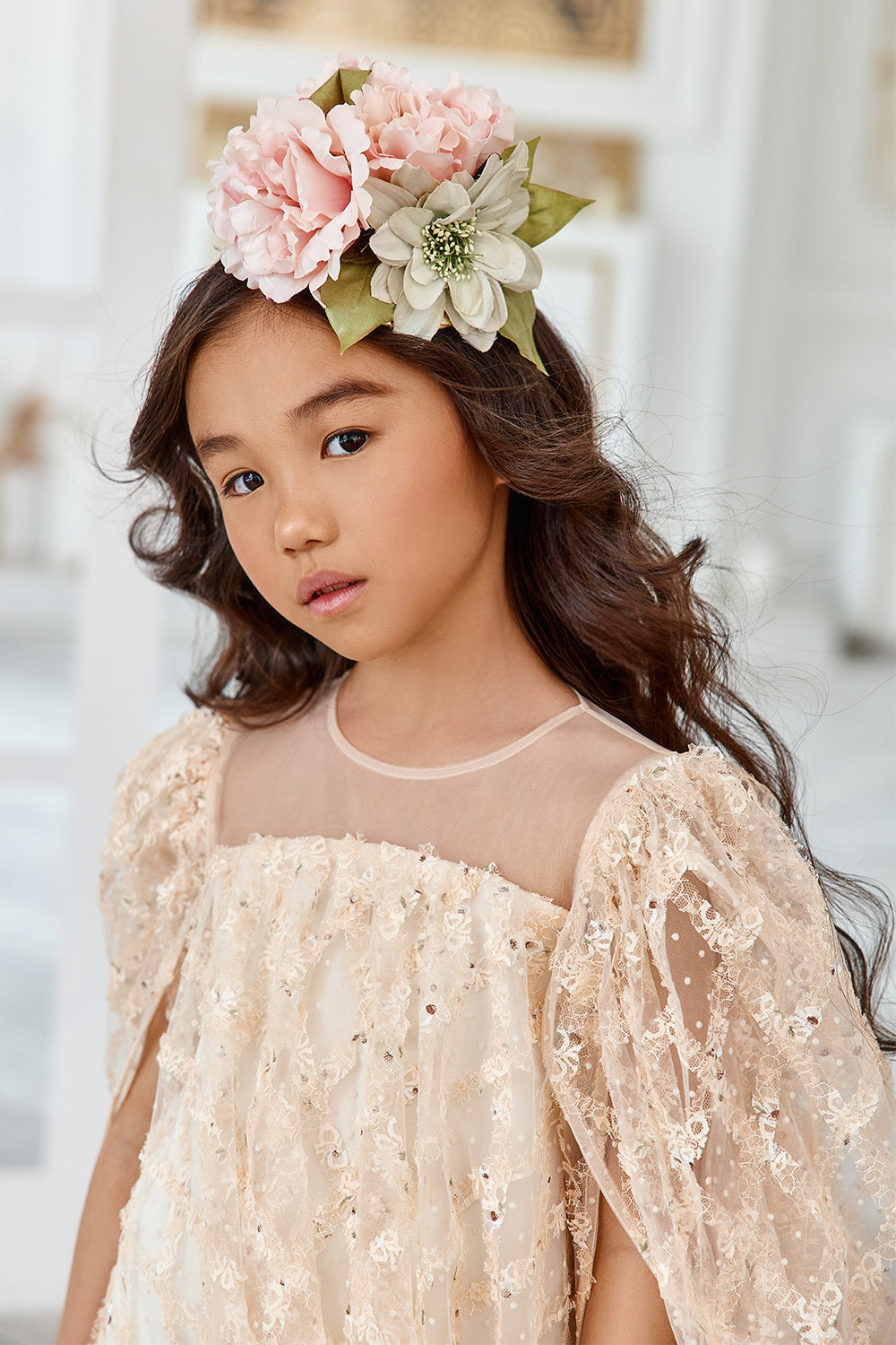 Ivory tulle loose fit dress with pretty cape sleeves