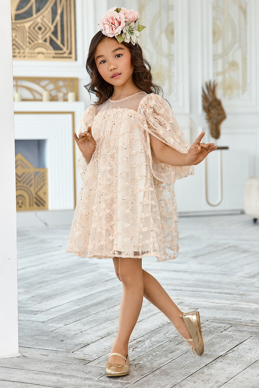 Ivory tulle loose fit dress with pretty cape sleeves
