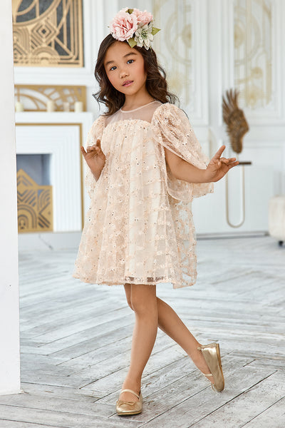 Ivory tulle loose fit dress with pretty cape sleeves