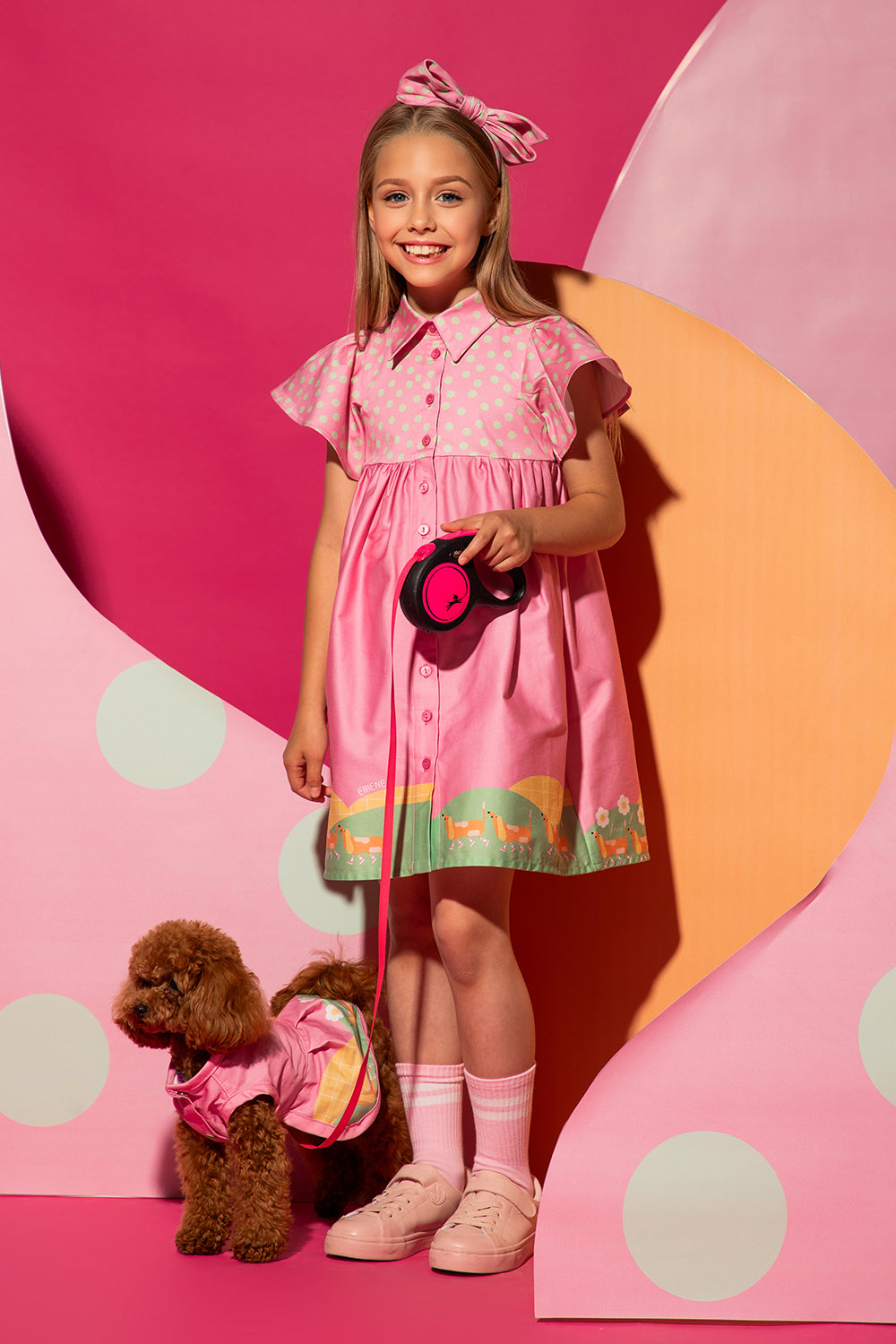 Pink cotton shirt dress with dachshund print