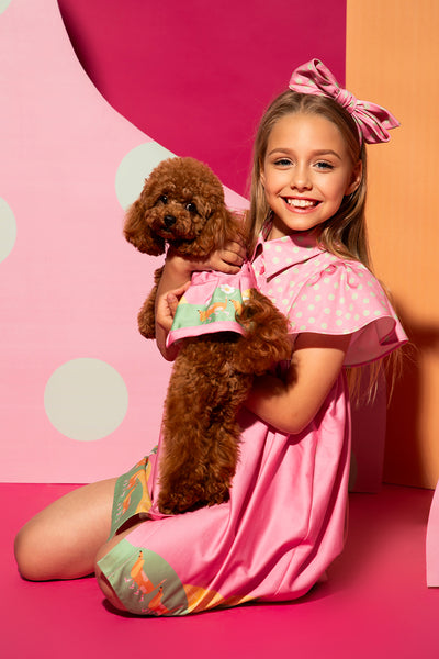 Pink cotton shirt dress with dachshund print