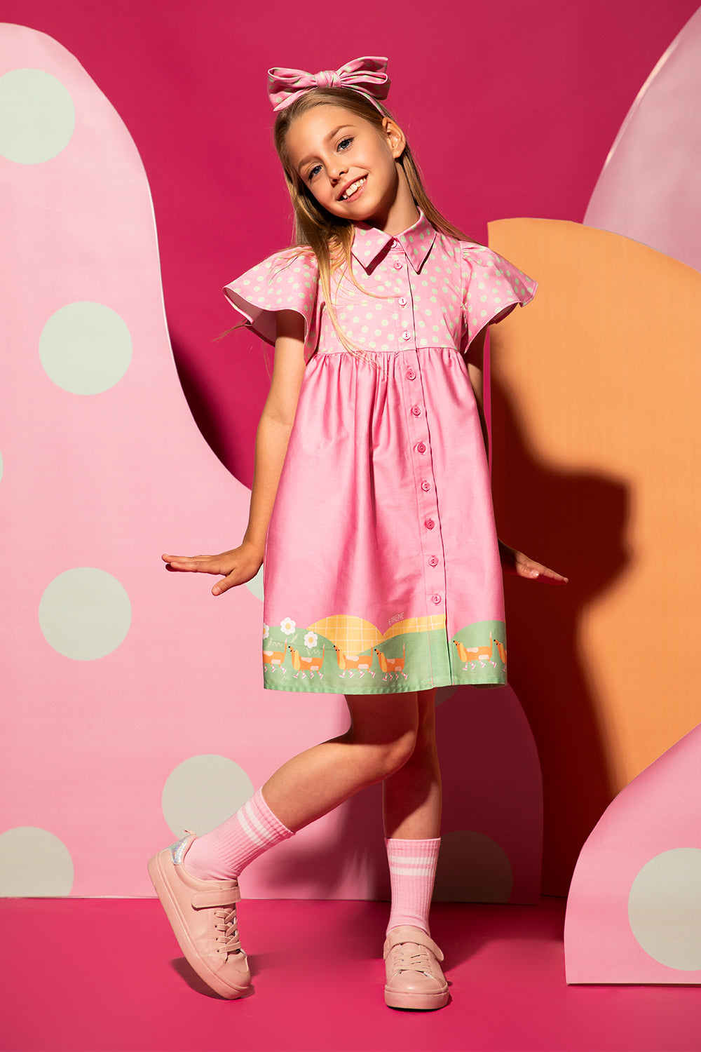 Pink cotton shirt dress with dachshund print