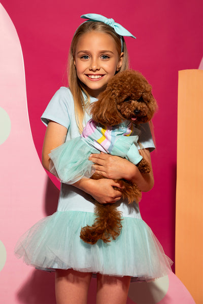 Mint jersey tunic dress with tulle skirt, pink dog and rainbow