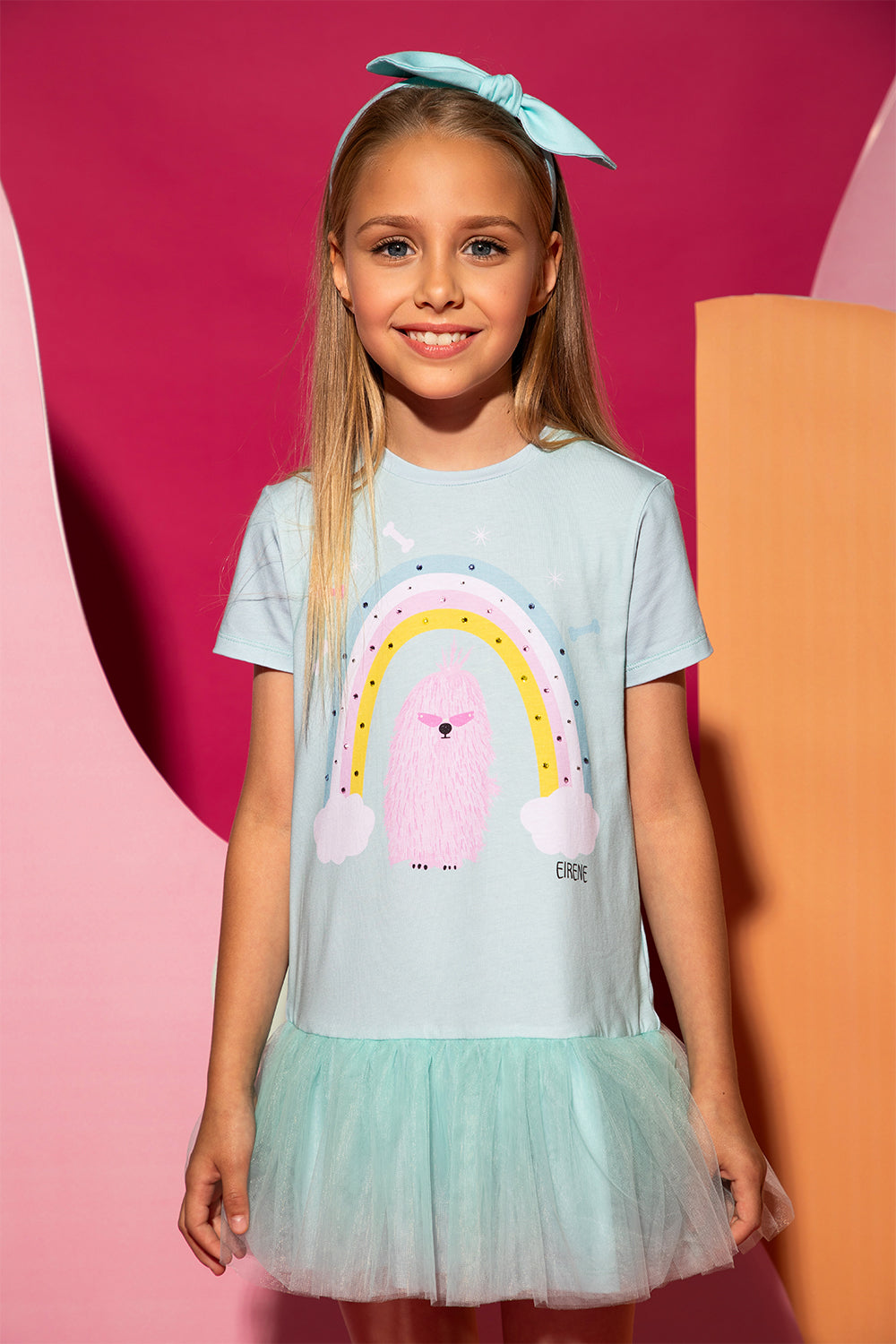Mint jersey tunic dress with tulle skirt, pink dog and rainbow