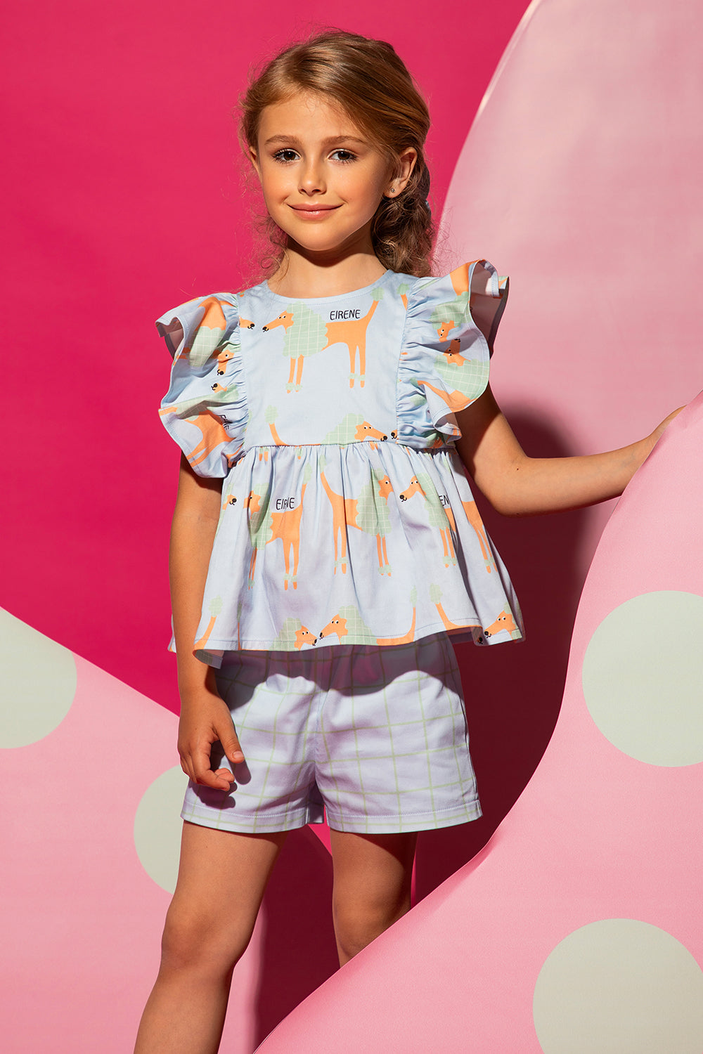 Blue top and shorts set with poodle print