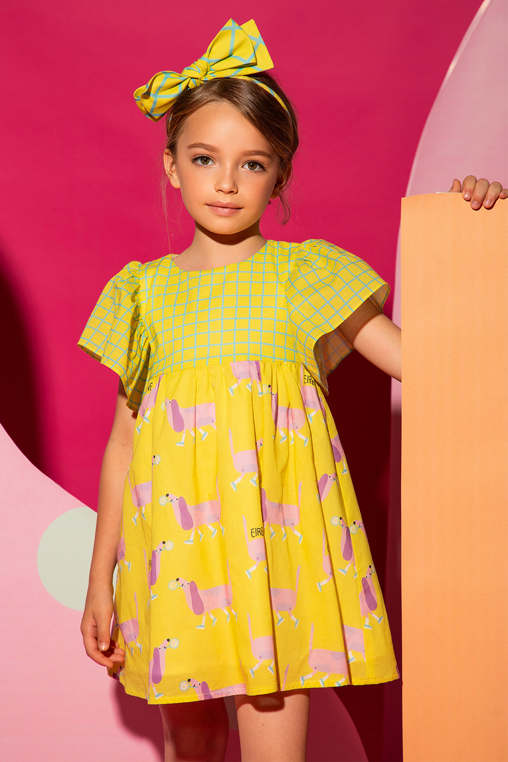 Yellow satin cotton dress with dachshund print