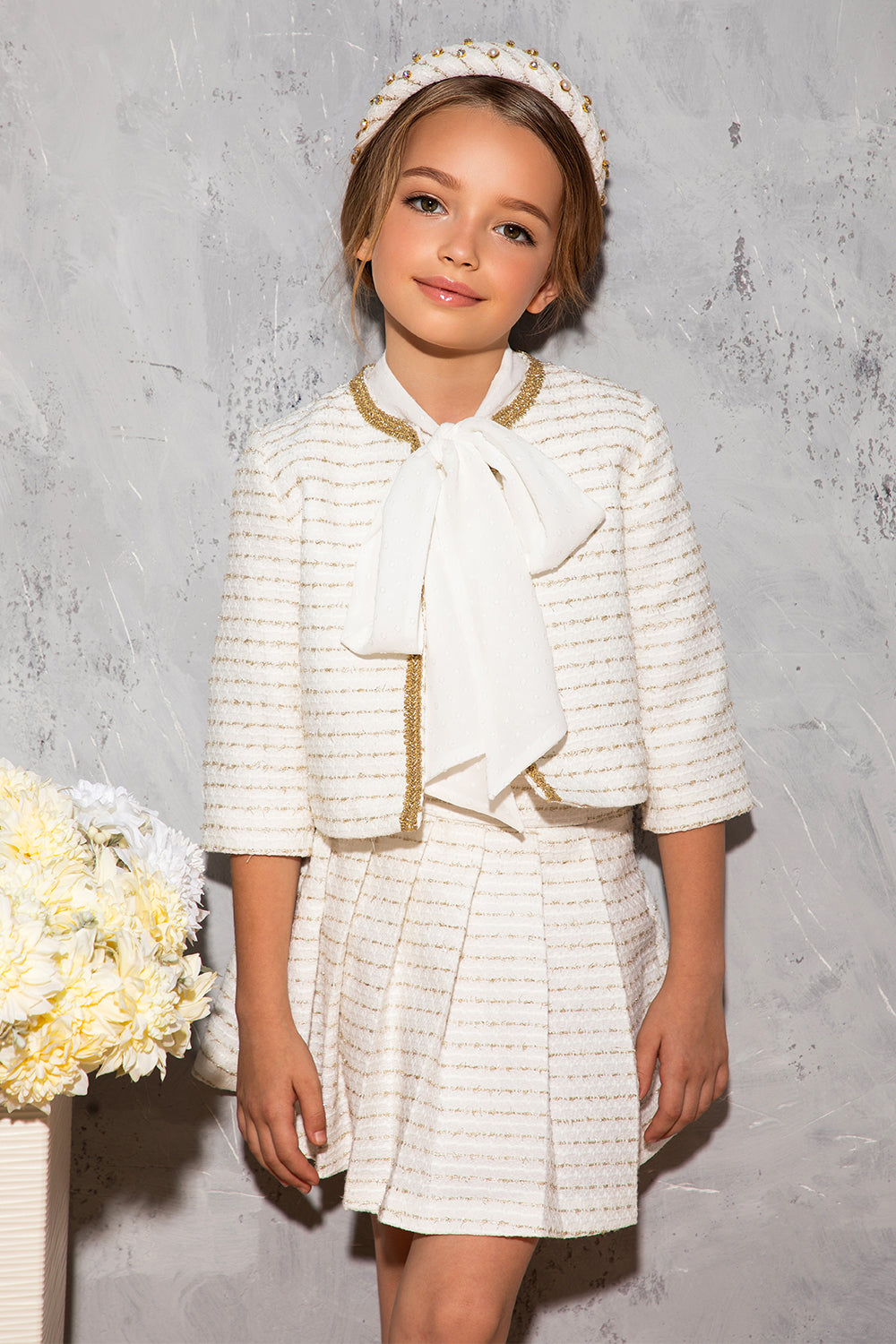 Off-white and gold tweed pleated asymmetrical mini skirt