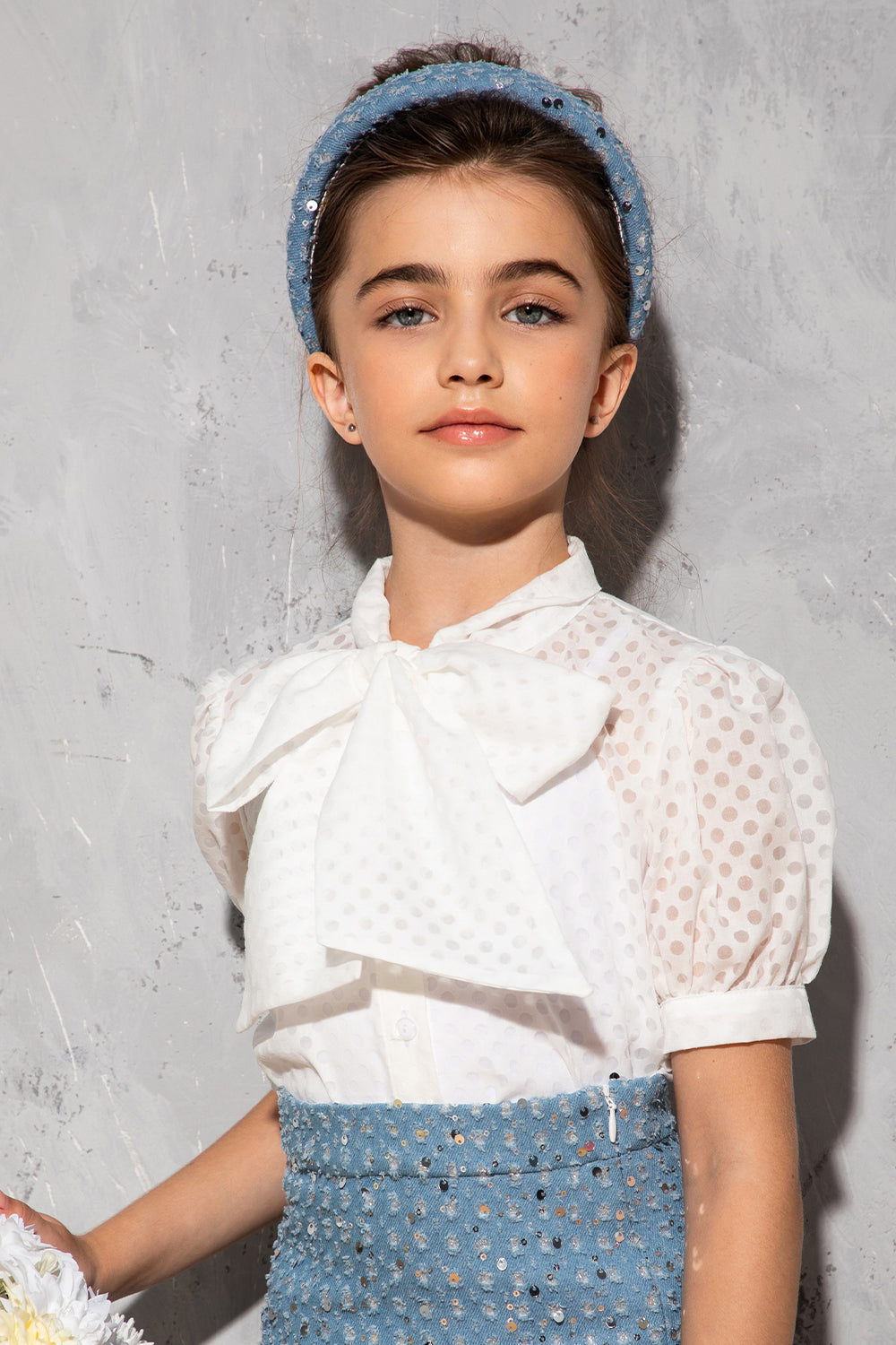 White chiffon shirt with dots, pussy bow and camisole