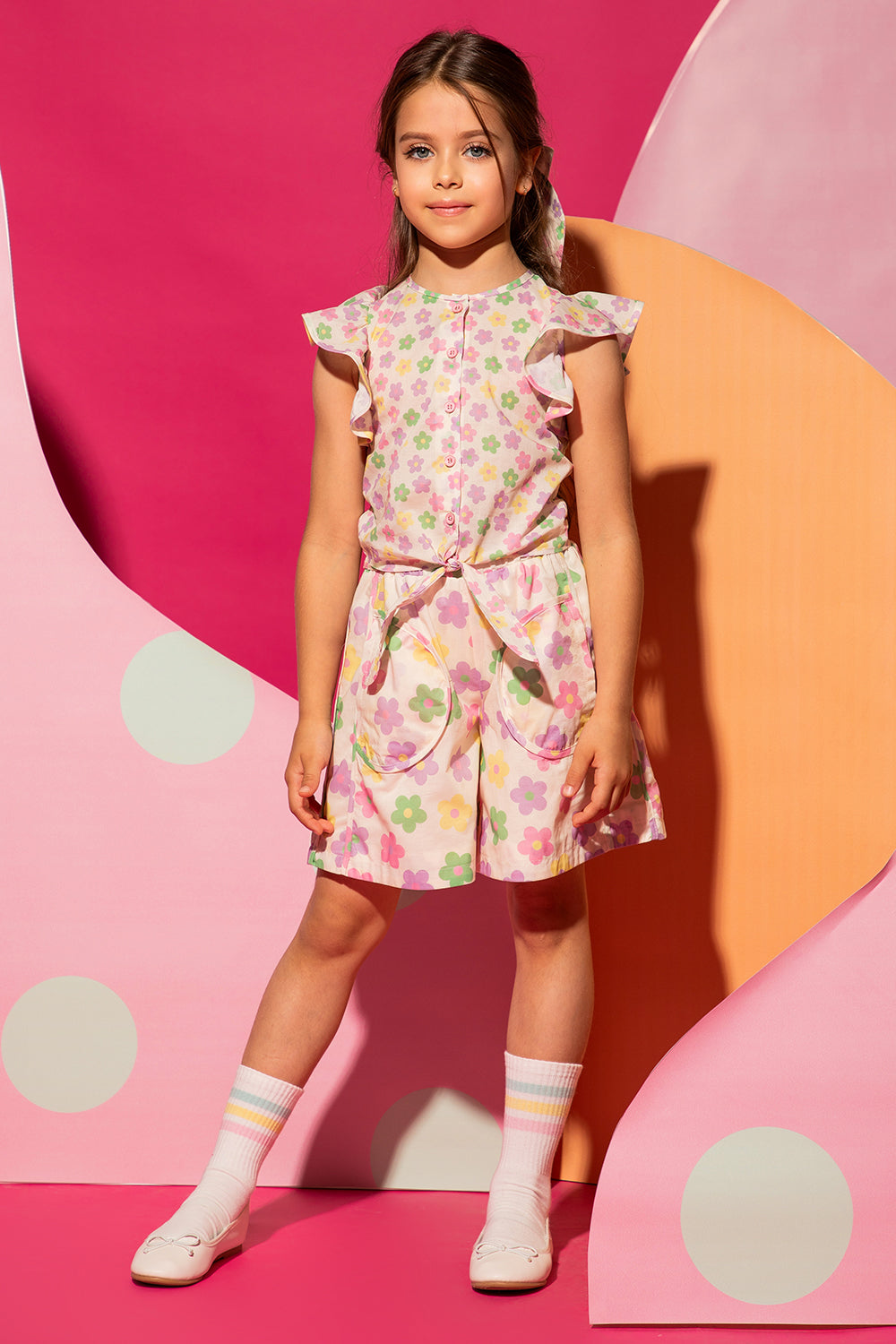 Wide satin cotton shorts with multicolor flowers