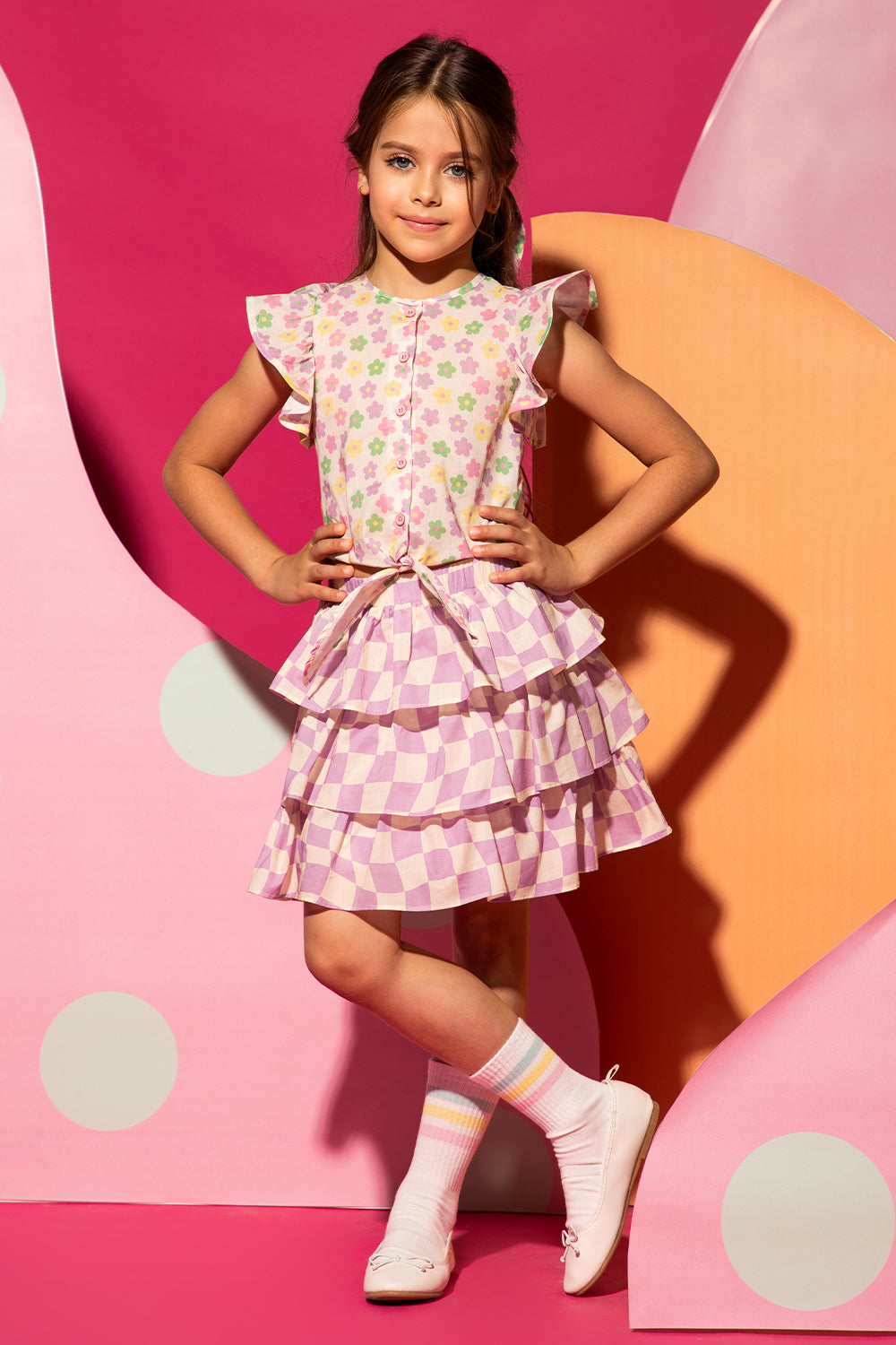 Checkered purple and off-white frilled satin cotton skirt