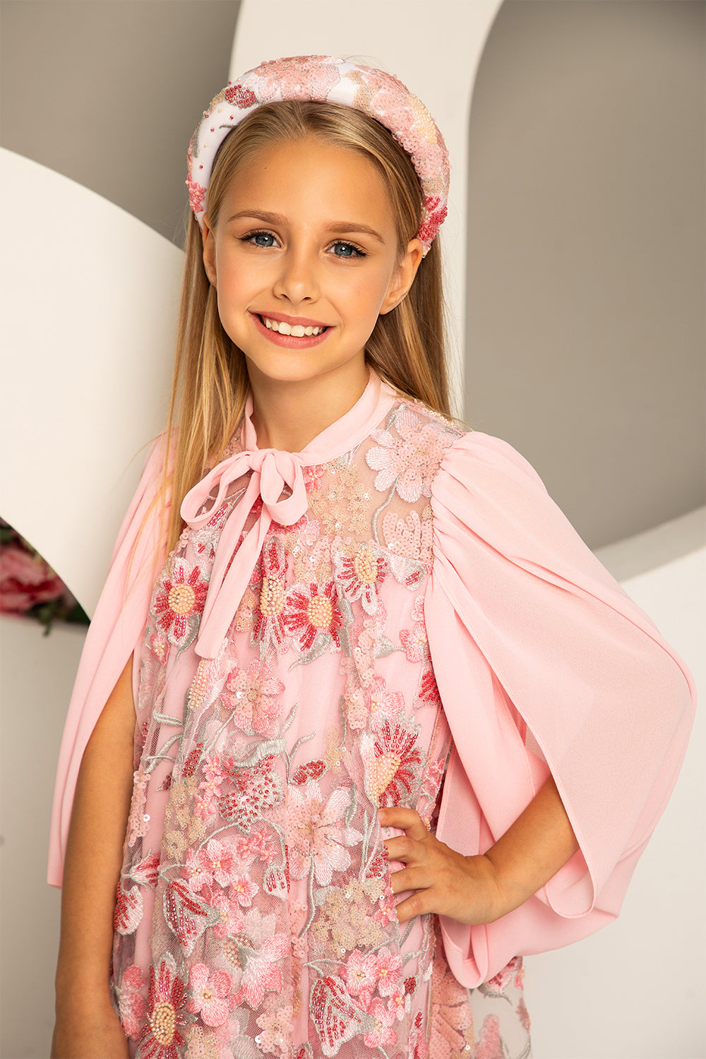 Pink sequins and beads embroidered lace dress with pink chiffon sleeves and pussy bow