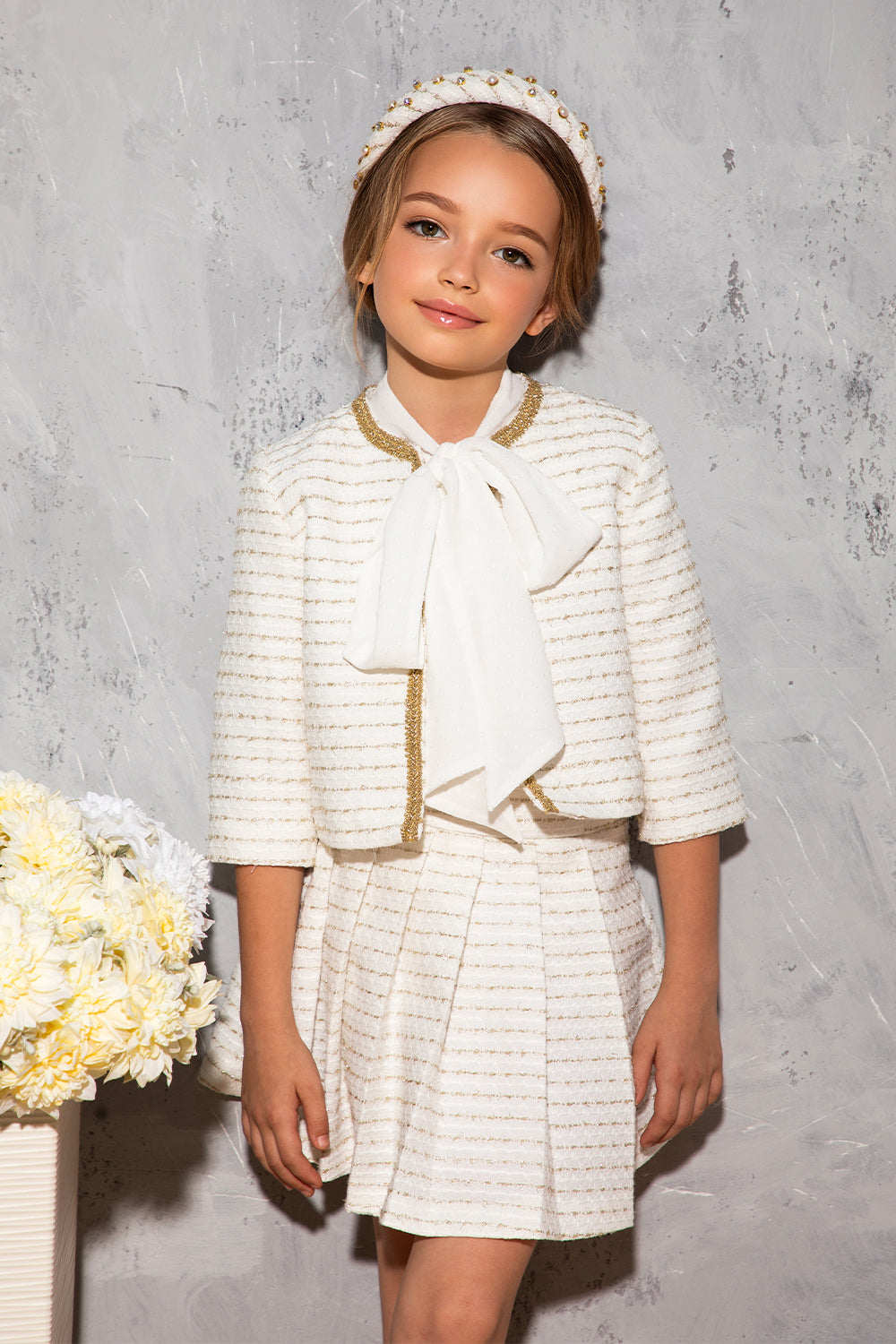 White chiffon shirt with structured dots, pussy bow and camisole