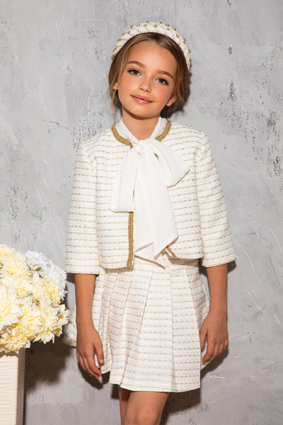 White chiffon shirt with structured dots, pussy bow and camisole