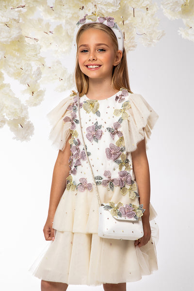 Bag with hand-embellished flowers, pearls and crystals and crystal strap