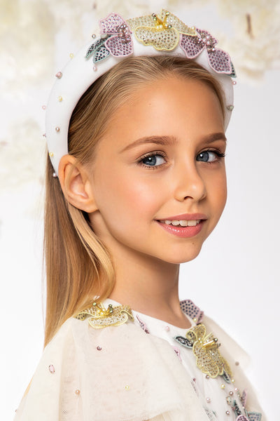 Headband with hand-embellished flowers, pearls and crystals