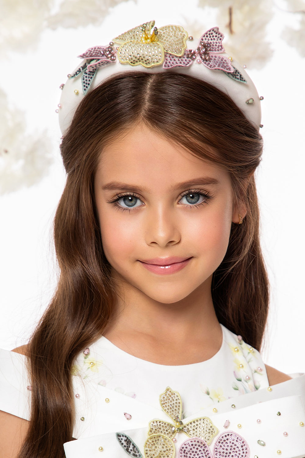 Headband with hand-embellished flowers, pearls and crystals
