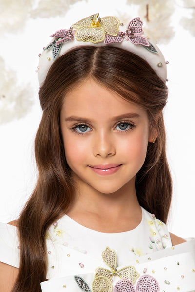 Headband with hand-embellished flowers, pearls and crystals