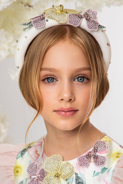 Headband with hand-embellished flowers, pearls and crystals