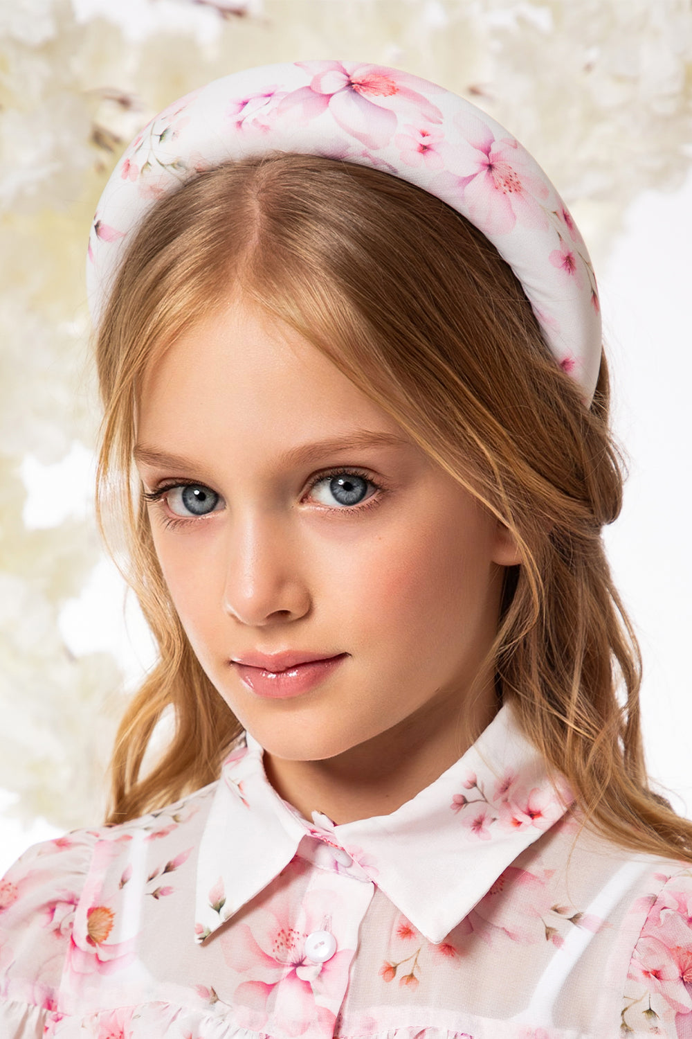 White chiffon headband with pink flowers