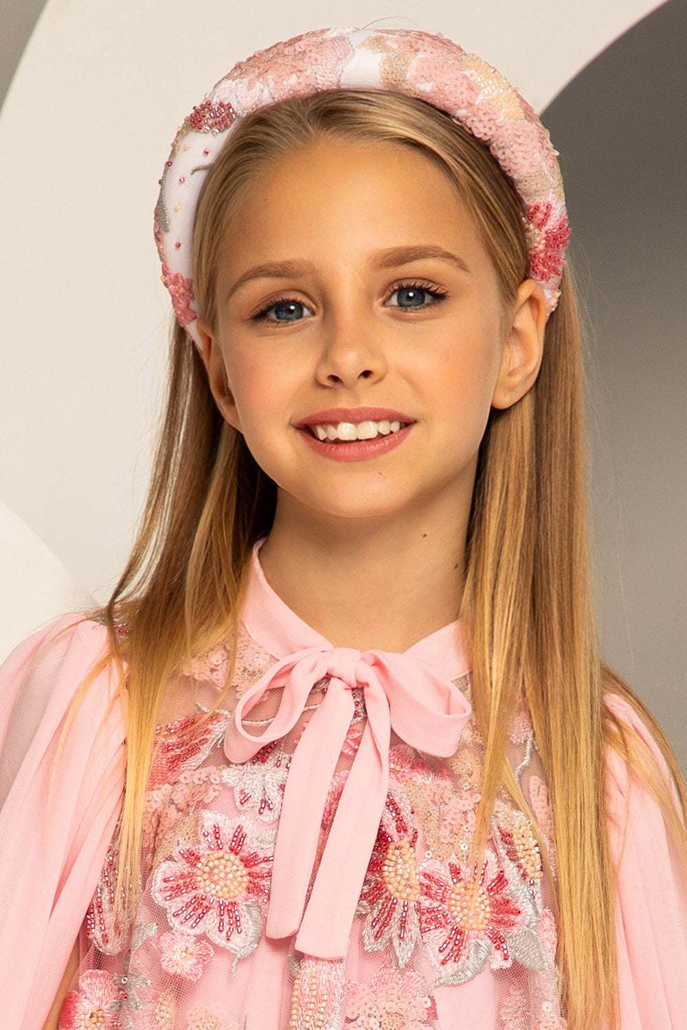 Pink sequins and beads embroidered lace headband