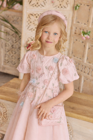 Pink tulle dress with puff sleeves and hand-embellished 3D flower, crystals and beads embroidery