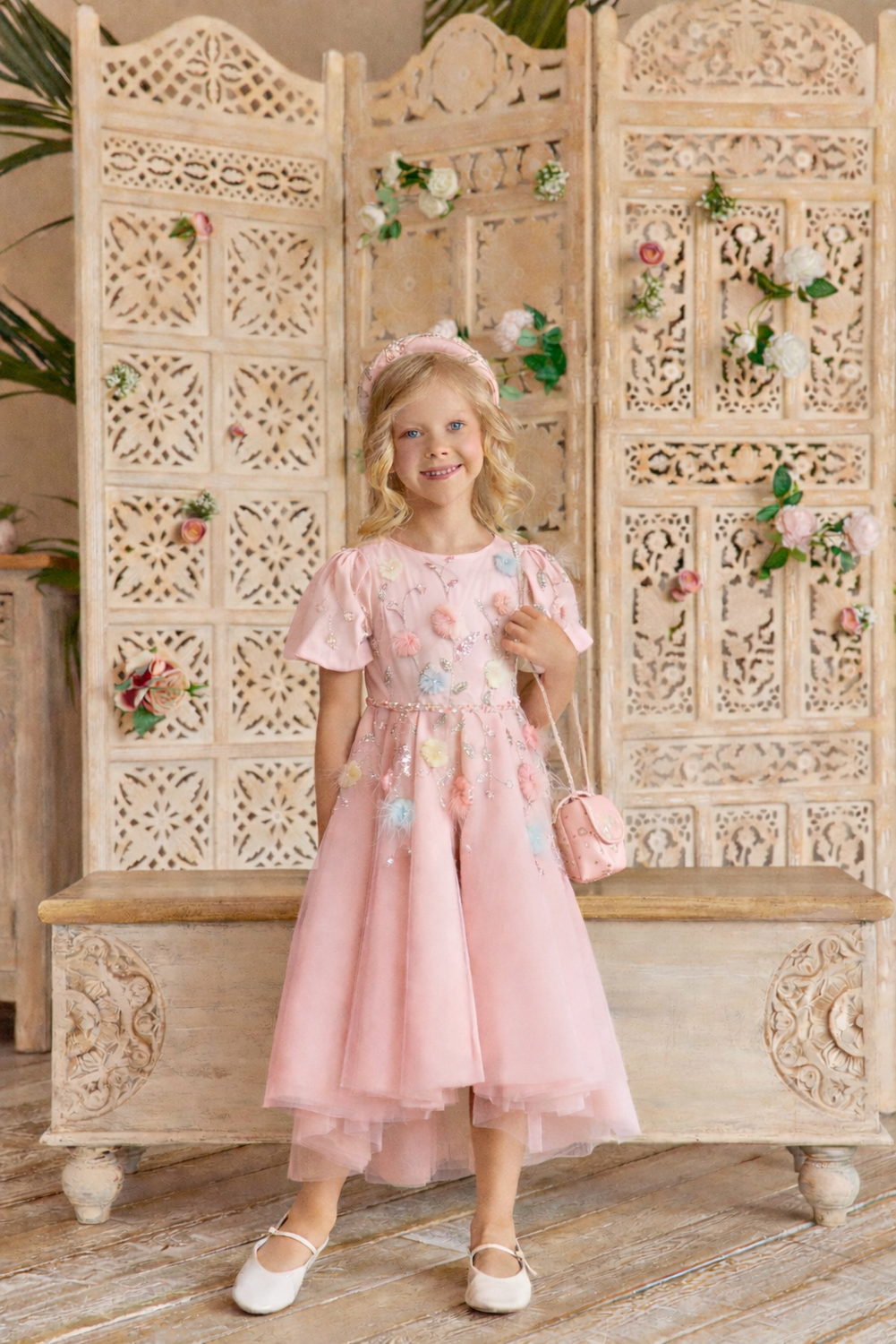 Pink tulle dress with puff sleeves and hand-embellished 3D flower, crystals and beads embroidery