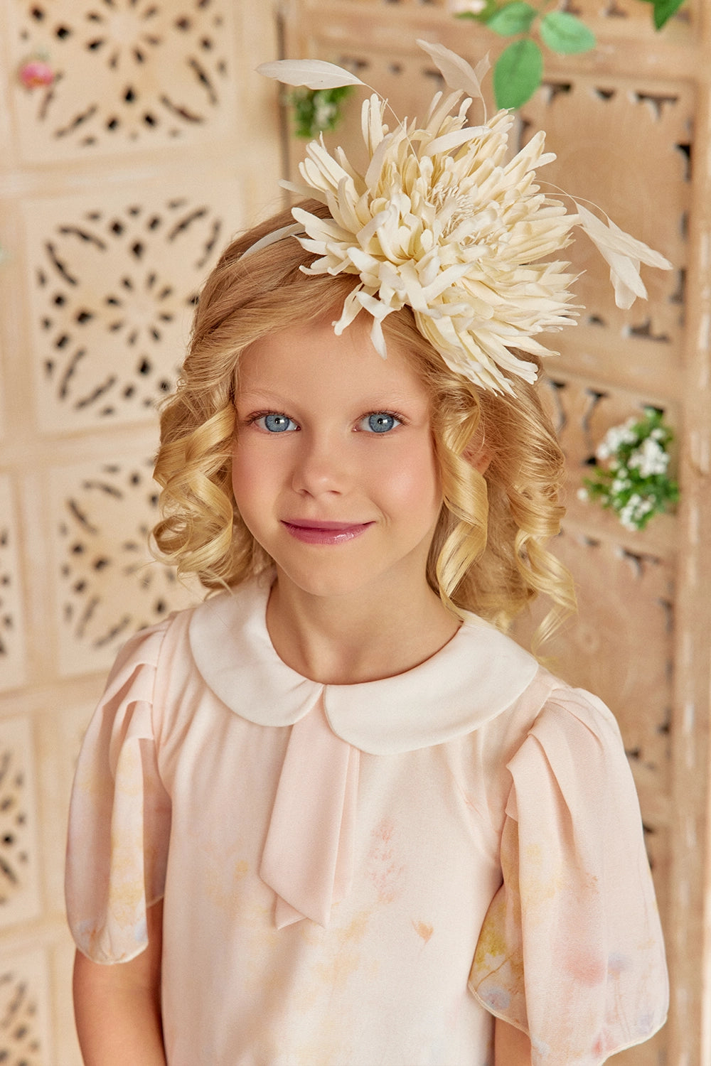 Soft pink A-line dress with falling sleeves, peter pan collar and pastel floral print