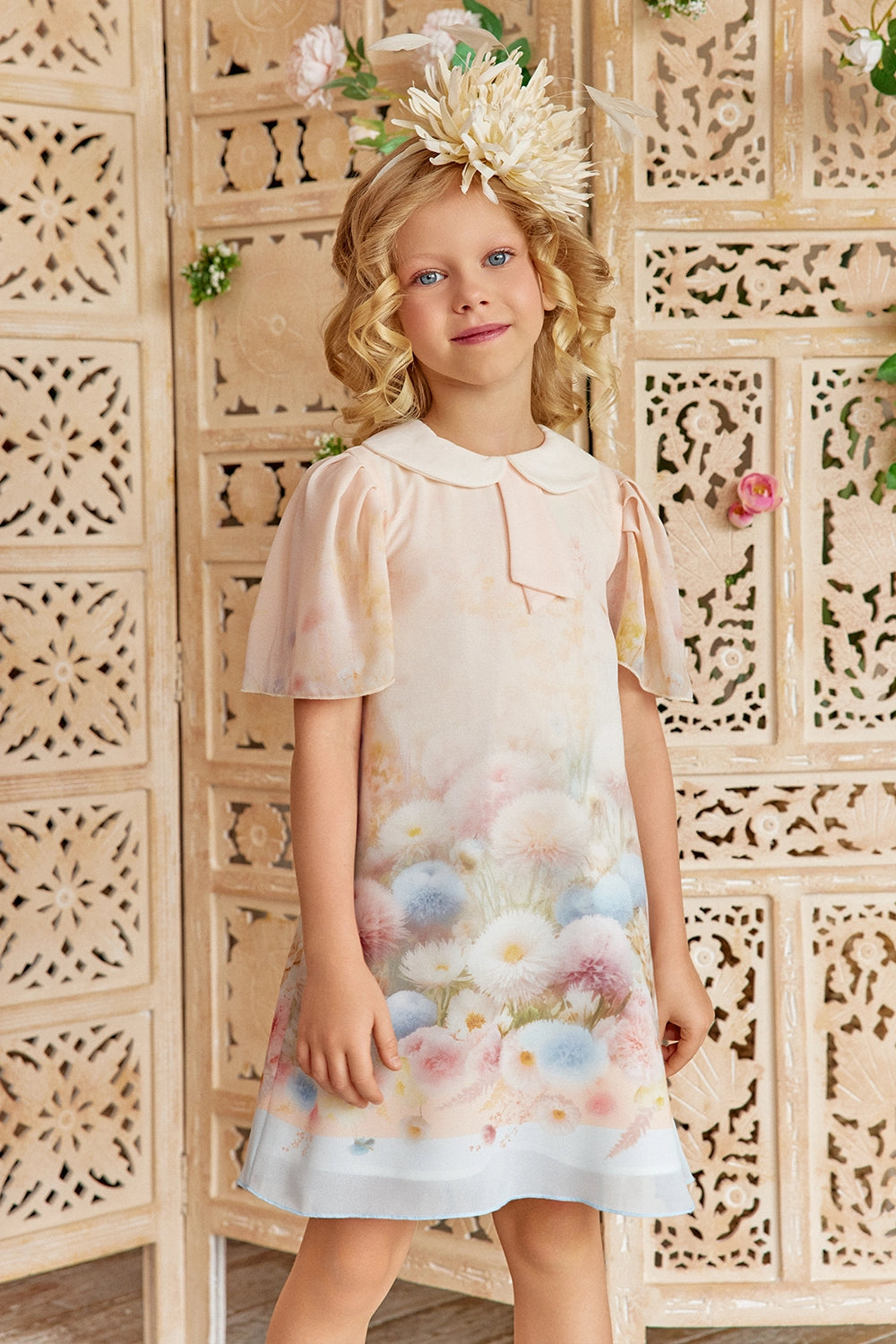 Soft pink A-line dress with falling sleeves, peter pan collar and pastel floral print