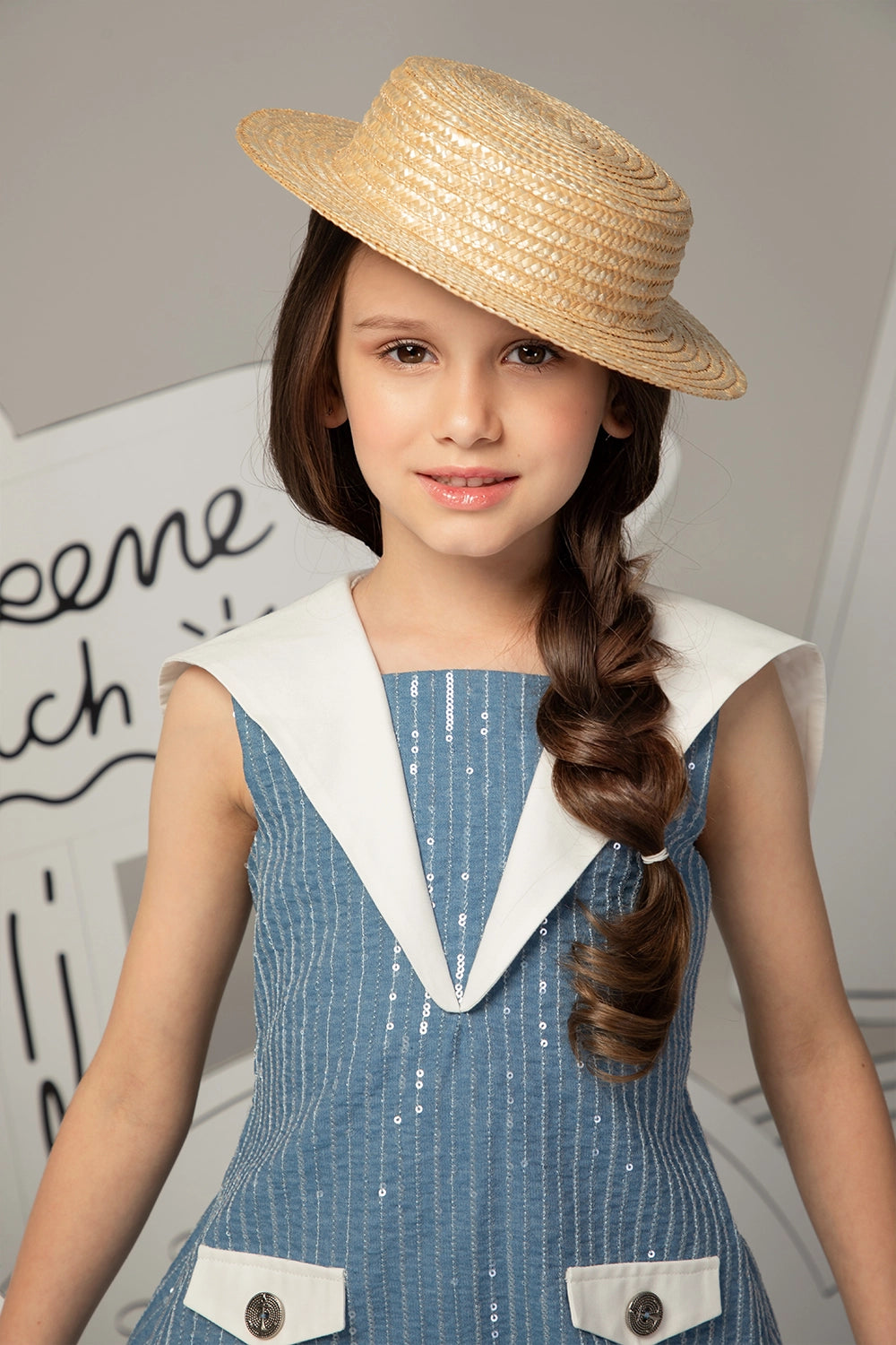 Sleeveless A-line cotton denim dress with sequins