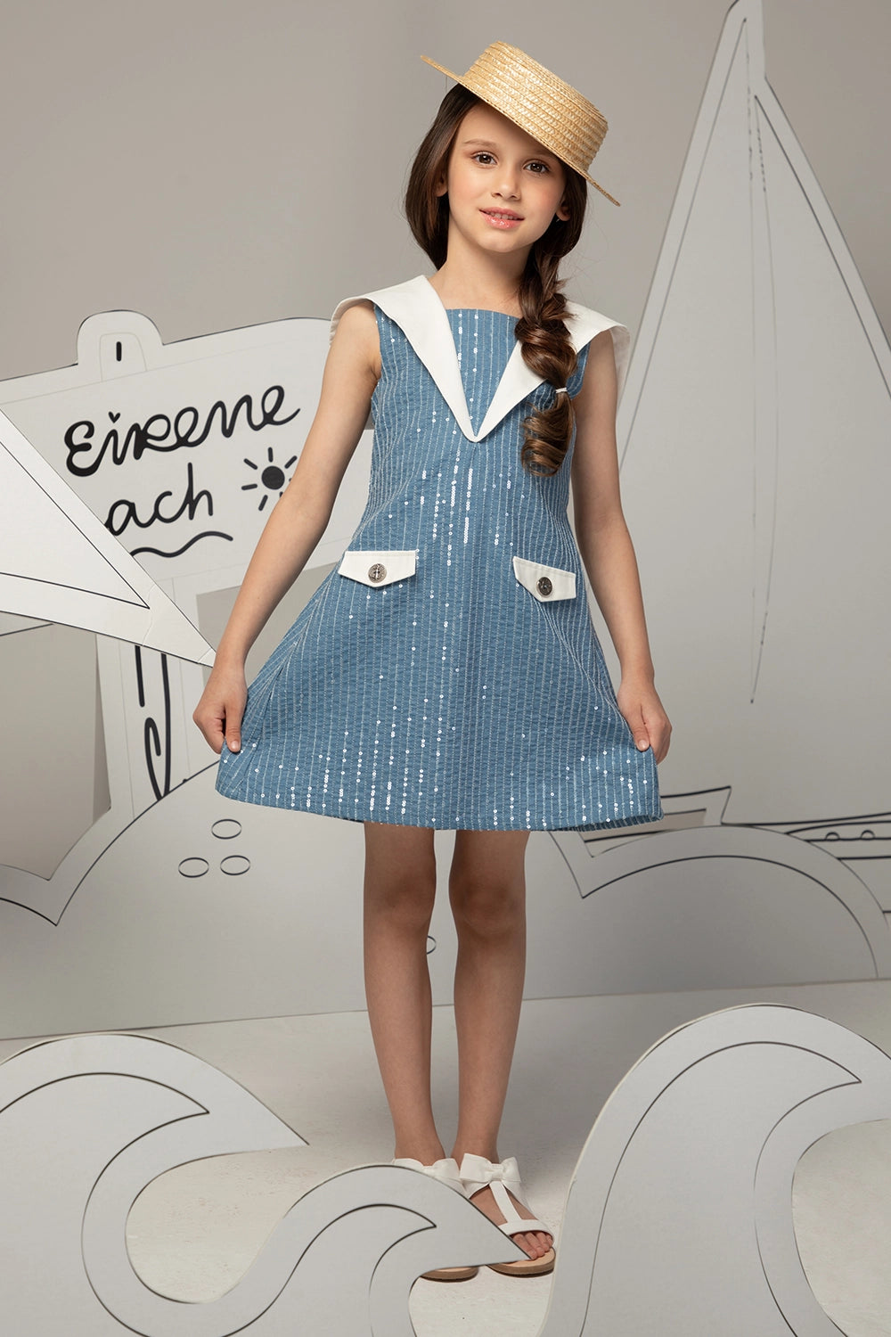 Sleeveless A-line cotton denim dress with sequins