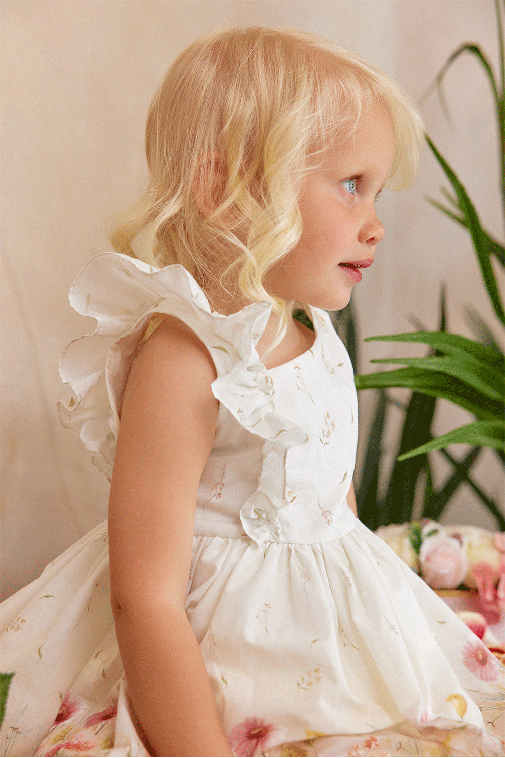 One-shoulder satin cotton dress with ruffle trim and floral print