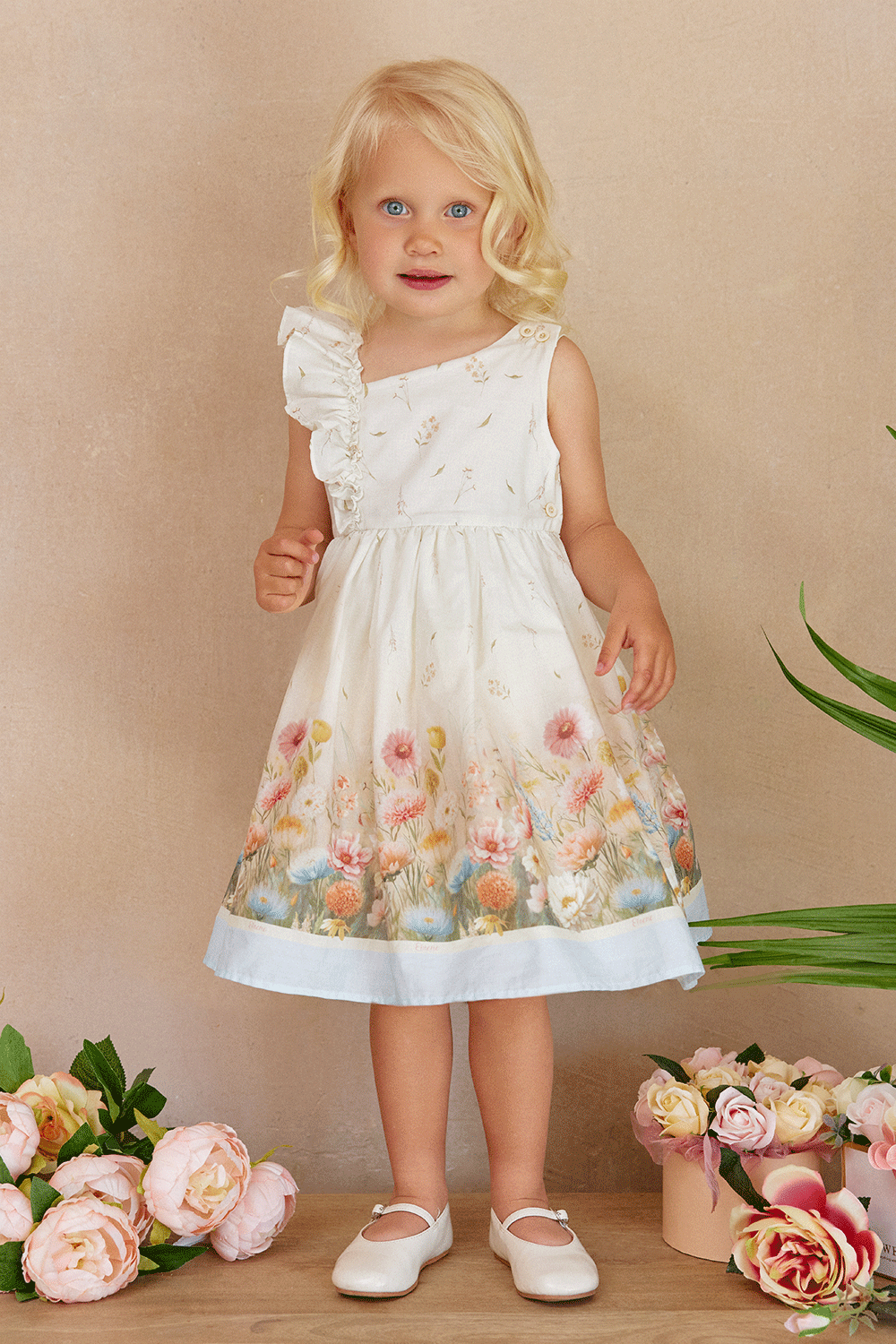 One-shoulder satin cotton dress with ruffle trim and floral print