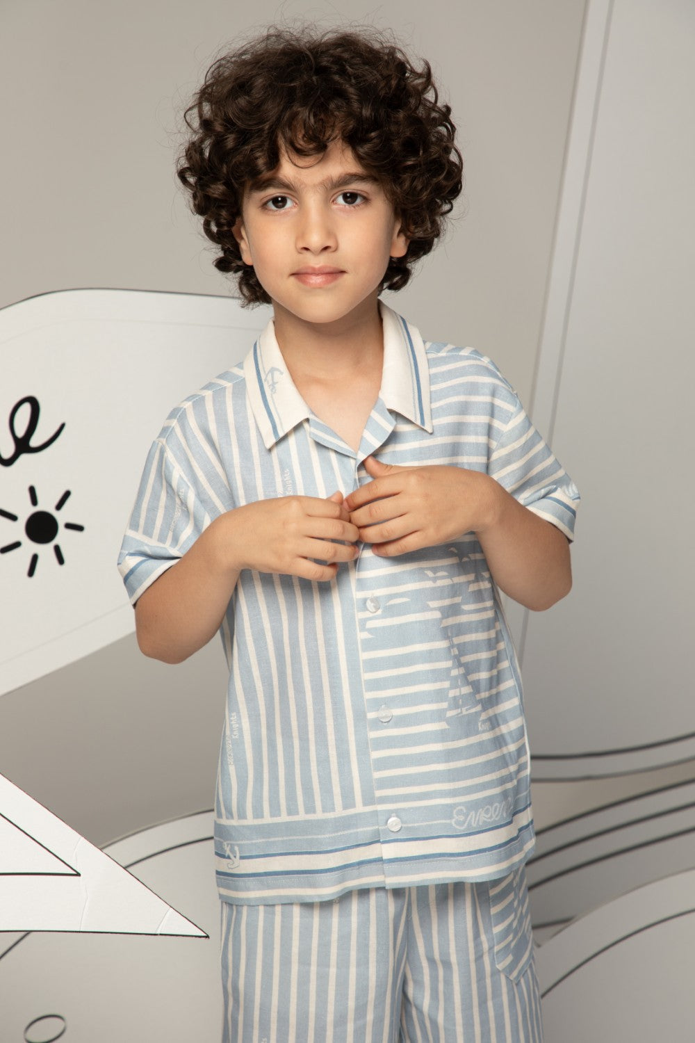 Striped linen shirt with a classic collar and short sleeves